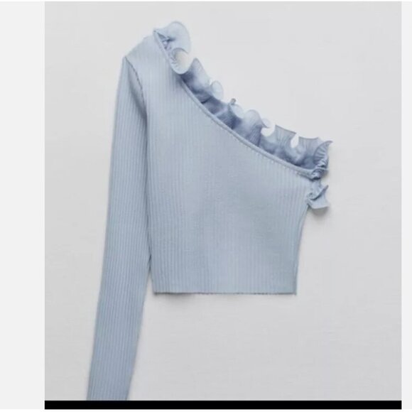 ZARA Flower Top Knit Blouse One Sleeve Asymmetric Top Size L ,Color Blue NWT - Picture 3 of 16